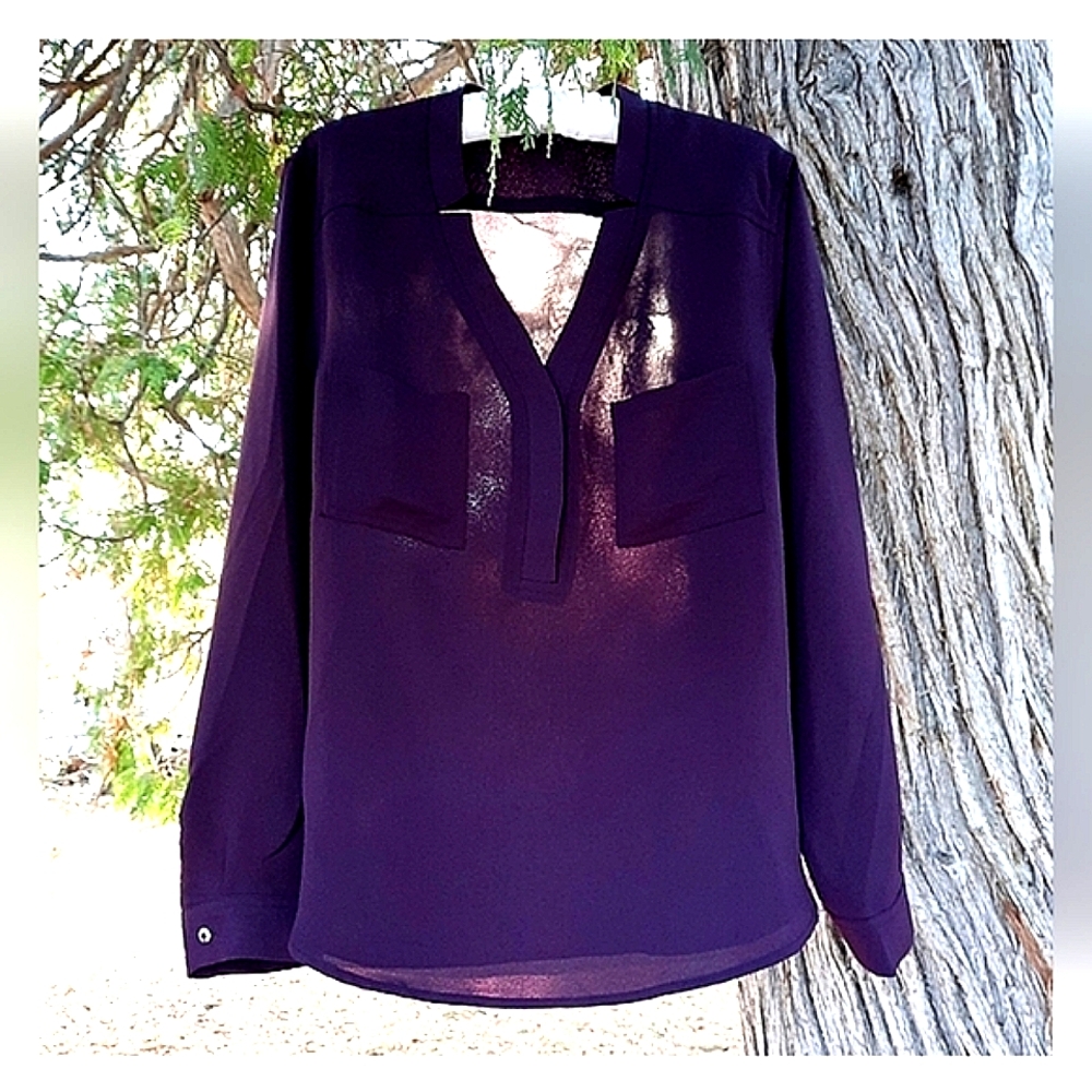 KASPER Deep Grape Purple Long Sleeve Blouse with Front Pockets